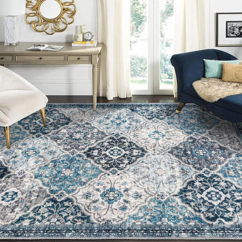 Blue Gray Ogee Medallion Rug 5 x 7 Ft for Living Room