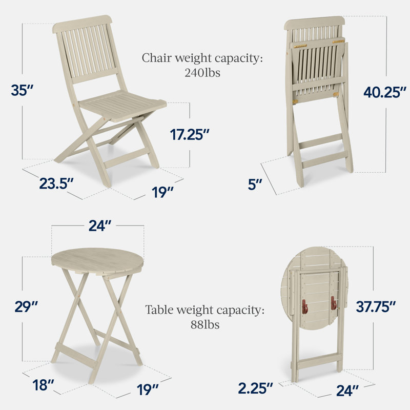  3-Piece Acacia Wood Bistro Set, Folding Patio Furniture W/ 2 Chairs, Table - Cream, Beige