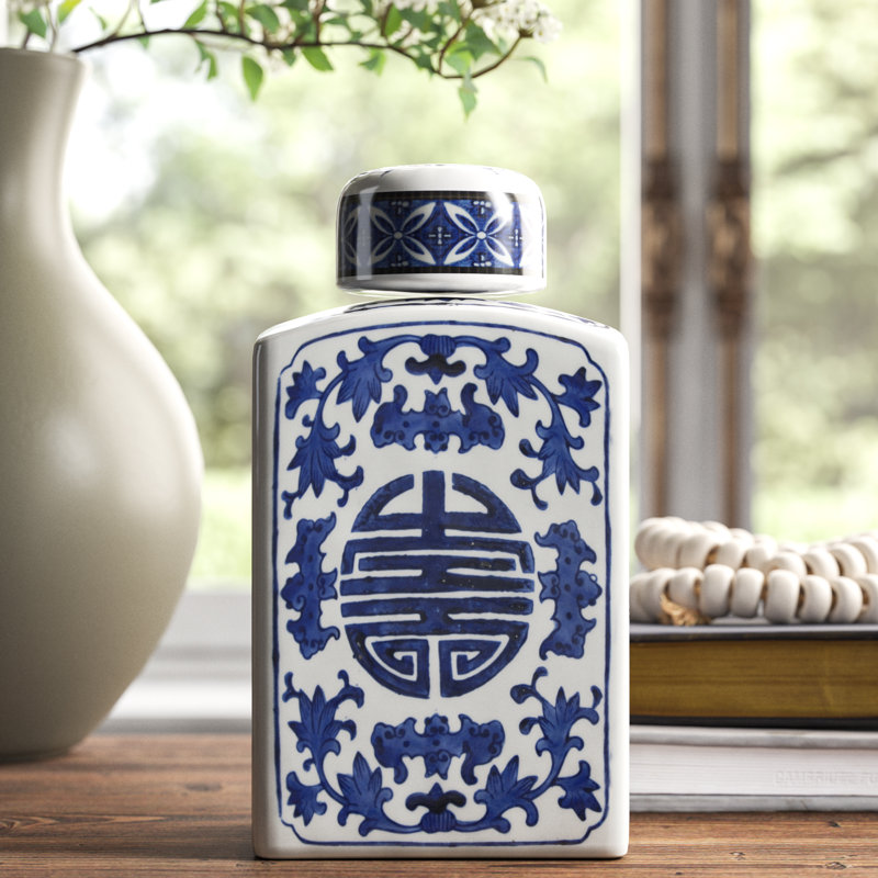 Pot rectangulaire en porcelaine de 8 po avec motif floral bleu et blanc, décoration traditionnelle pour table, bureau, manteau de cheminée, rangement ou pièce maîtresse