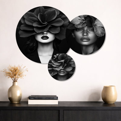Black and white Floral Woman portrait Photo I – Modern 3 Piece Metal Print Wall Art