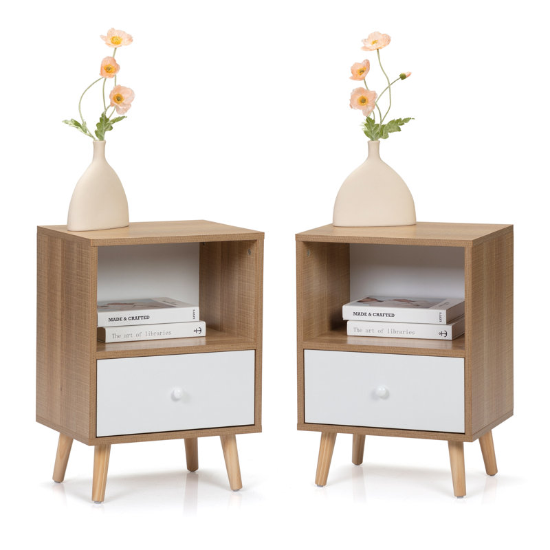 Ensemble de 2 tables de chevet, table de chevet avec tiroir et tablette de rangement ouverte, tables de chevet avec pieds en bois massif, table de bout, table d'appoint pour chambre à coucher