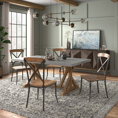 Dombrosky Rustic Pine Frame Full Concrete Veneer Top Dining Table And X-Back Frame Wood Seat Chairs Set