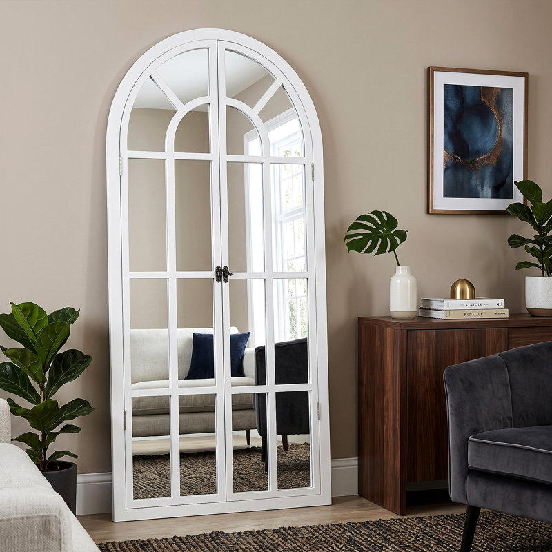 71" H x 31" W Solid Wood Window Pane Arch Full Length Mirror , White