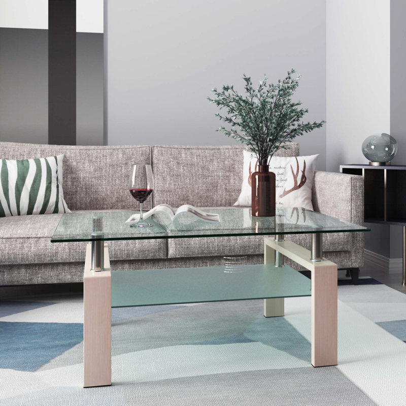 Table basse rectangulaire avec plateau de rangement en verre trempé et panneau de fibres à densité moyenne Fraiya, Clair