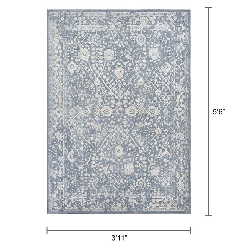 Ouzts Floral Slate Blue Oyster Performance Area Rug, Rectangle 3'11" x 5'6"