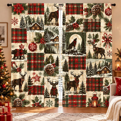 Lot de 2 rideaux de courtepointe vintage de Noël, motif rustique à carreaux et scènes hivernales en forêt avec cerfs, loups et cabanes. Ces rideaux filtrent la lumière et préservent votre intimité. Ils sont dotés d'une conception à œillets, sont lavables à la machine et sont parfaits pour le salon, la chambre à coucher ou la décoration de Noël.