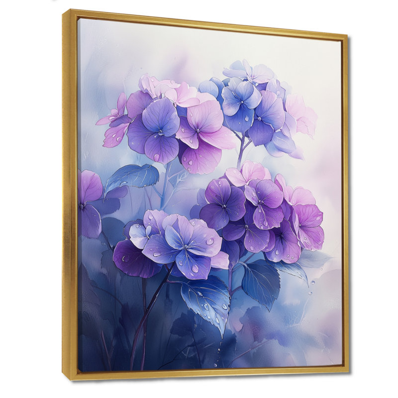 Hortensias dans la rosée du matin II - hydrangées, art mural, H 40 po x l 30 po, Impression encadrée flottante, Doré