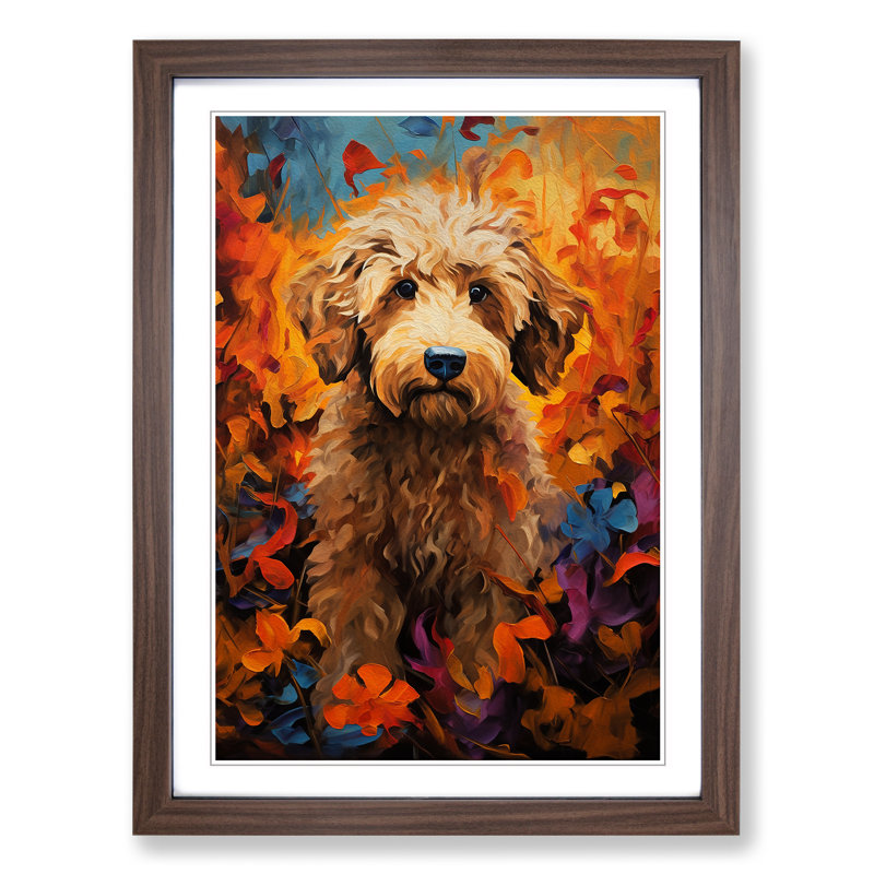 XYZ-FRM-V1223-4002 Labradoodle Tachisme - Single Picture Frame Print on Wood, 64cm H x 46cm W x 2cm D, Walnut