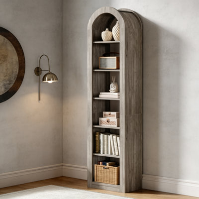 6-Tier Arched Top Narrow Open Bookshelf, Rustic Gray Wood Tall Freestanding Display Bookcase, Farmhouse Slim Storage Shelving Unit for Living Room Bedroom Home Office
