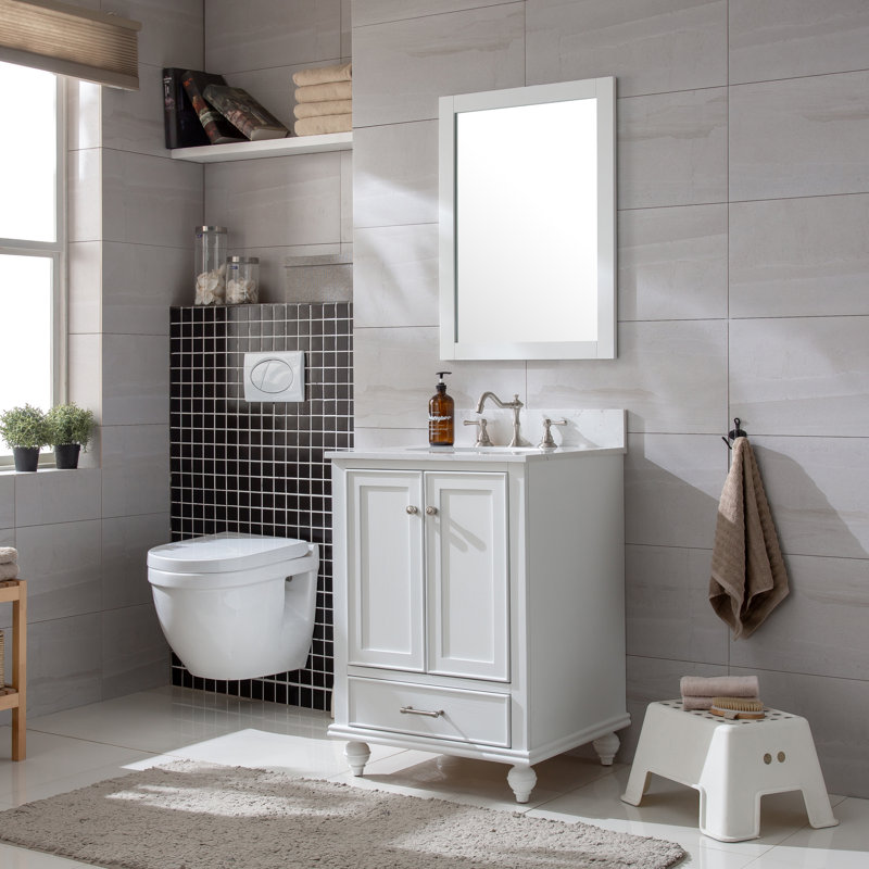 Angelissa 24" Single Bathroom Vanity Set, Grain White/Brushed nickel, Carrara White Engineered Stone