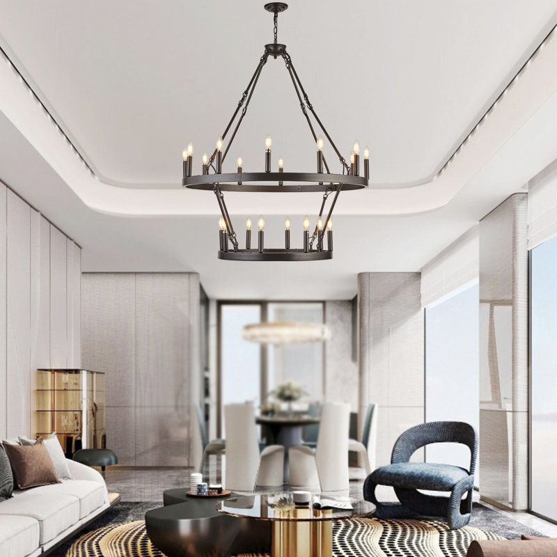 20- Light Dimmable Lantern Wagon Wheel Chandelier, Oil Rubbed Bronze