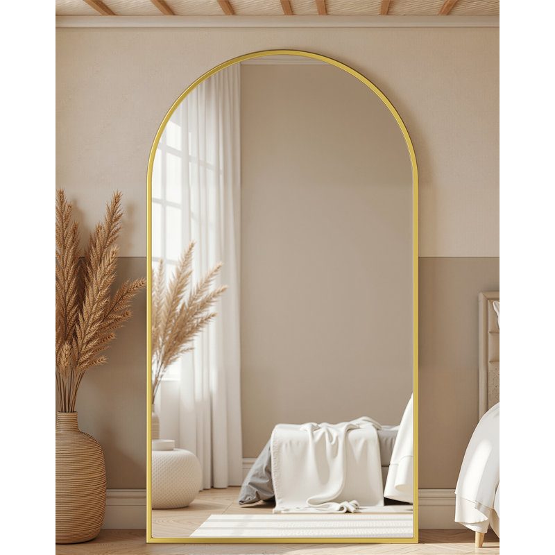Arched Black Floor Mirror With Stand, 38x77 Inch Freestanding Full Body Mirror For Bedroom, Gold, 76" x 44"