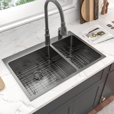33" L x 22" W 60/40 Double Bowl Stainless Steel Drop-In Kitchen Sink with Sink Bottom Grid
