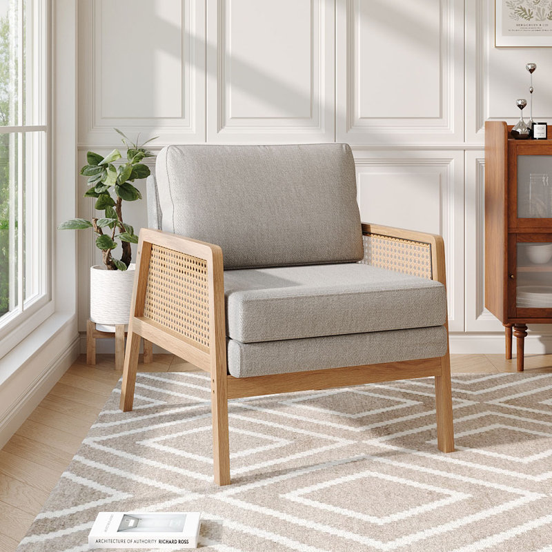 Wood Frame Upholstered Armchair Accent Chair, Light Gray Velvet, 82" H x 70" W x 87" D