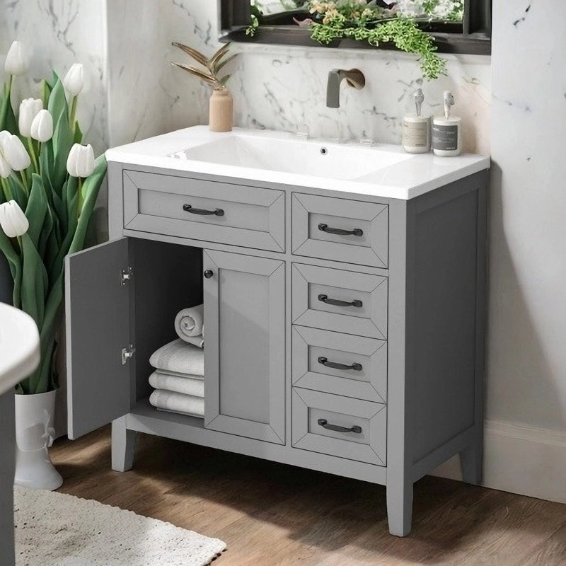 Asherah 36'' Free Standing Bathroom Vanity Cabinet with Ceramic Top, Gray
