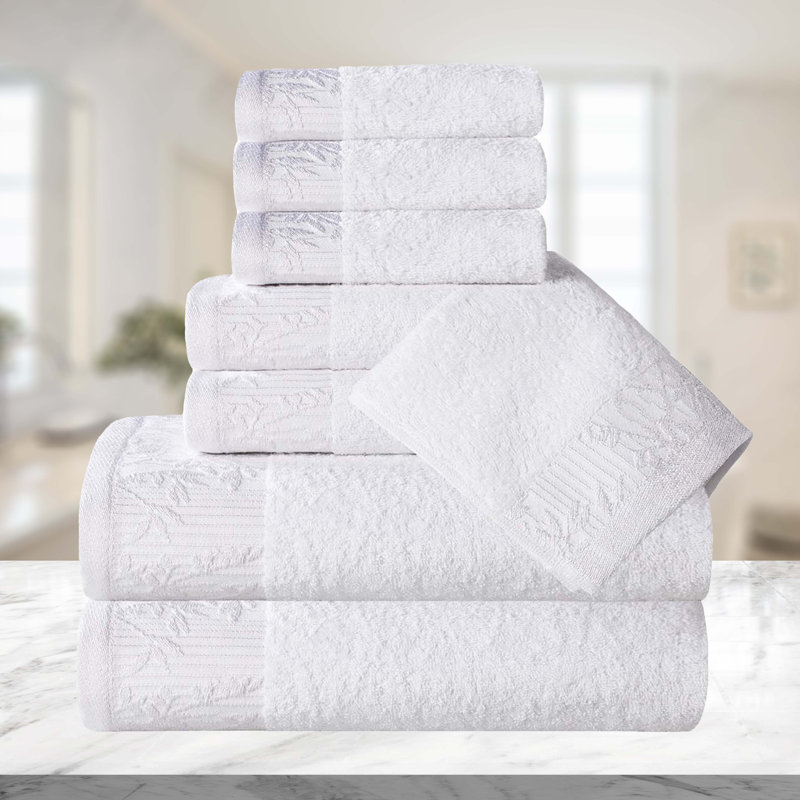 Carinna Cotton Medium Weight Floral Jacquard Border Assorted Bathroom Towel Set, White/White, 8 Piece Towel Set