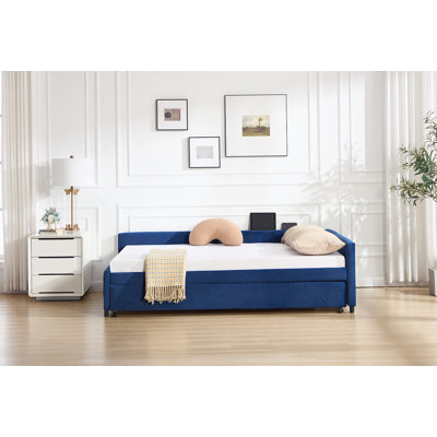 Lit de jour rembourré avec lit gigogne et structure en bois robuste avec un design moderne en grille de diamant pour la chambre à coucher ou la chambre d'amis.