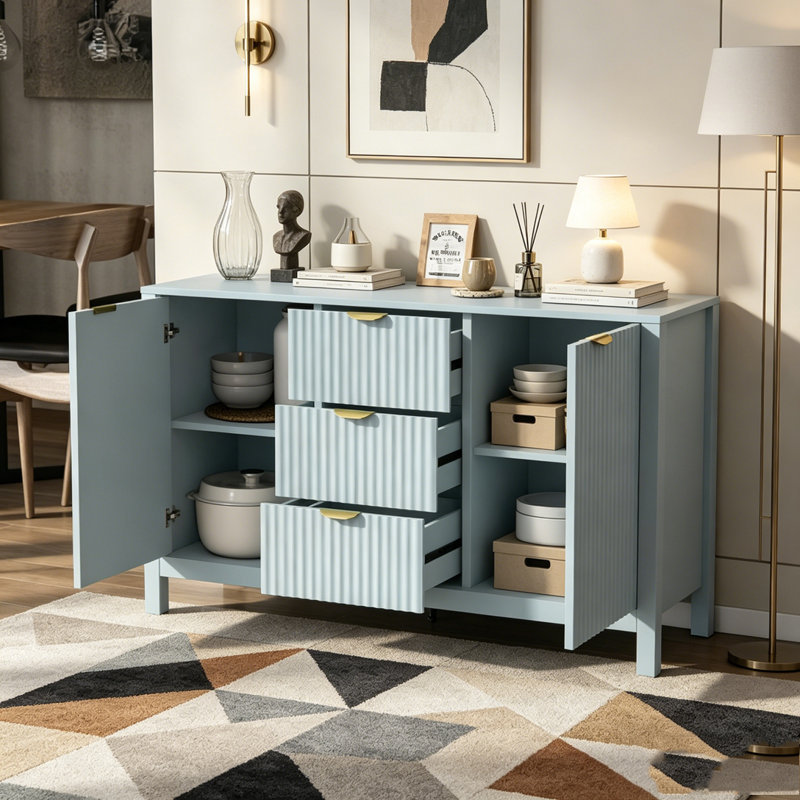 Buffet à motif ondulé - 3 tablettes réglables, 3 tiroirs et portes à fermeture en douceur