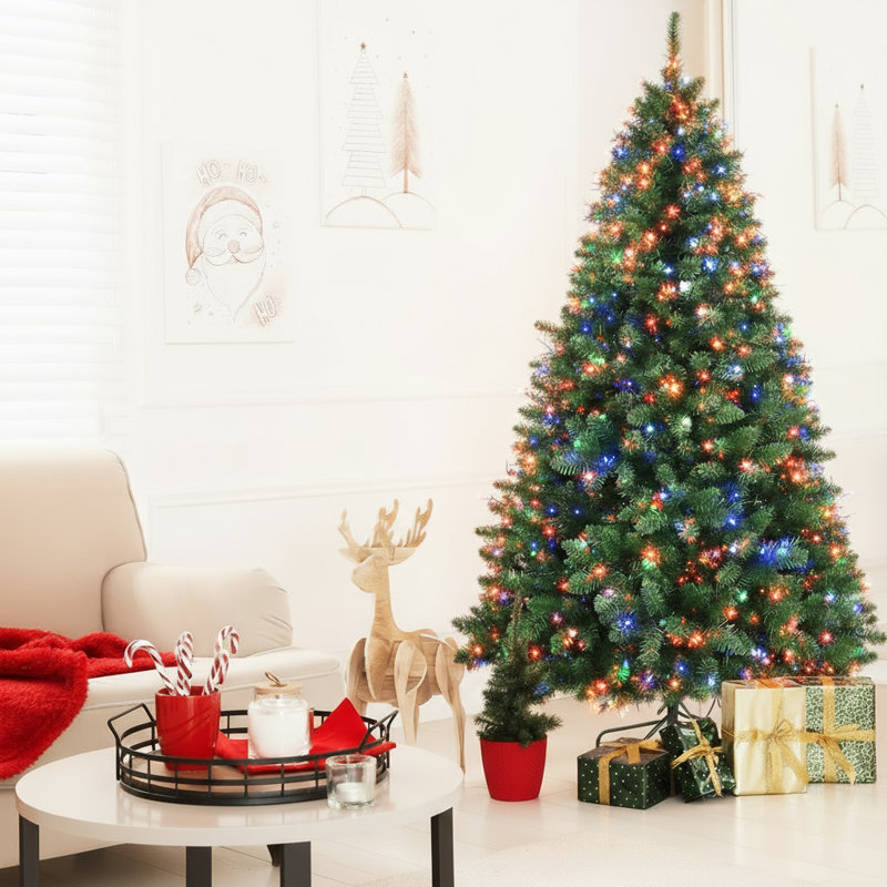 Arbre de Noël pin vert 6 pi avec 300 lumières DEL, Multicolore, 7,5 pi