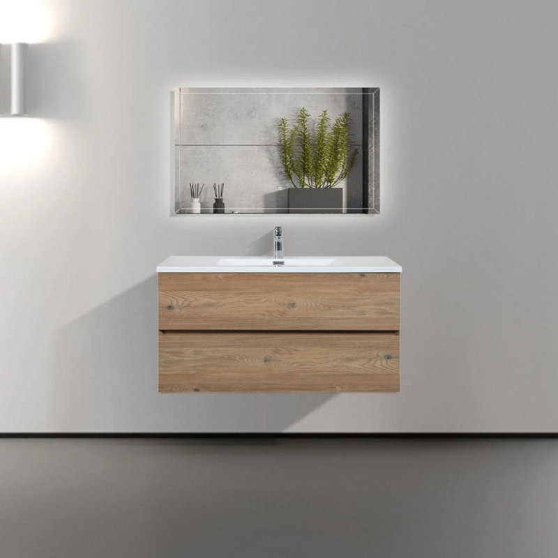 Villano 40 po L x 19 po P 2 tiroirs Meuble-lavabo mural avec évier simple et Comptoir en Polymarbre blanc