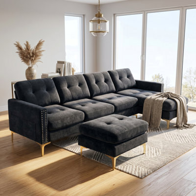 Canapé modulaire convertible en forme de L de 110 po avec repose-pieds mobile - canapé en velours, garniture cloutée, poches de rangement - Conception modulaire: en U, en forme de L ou séparée - Pieds en métal doré - pour le salon, appartement, bureau - 330 lb par siège