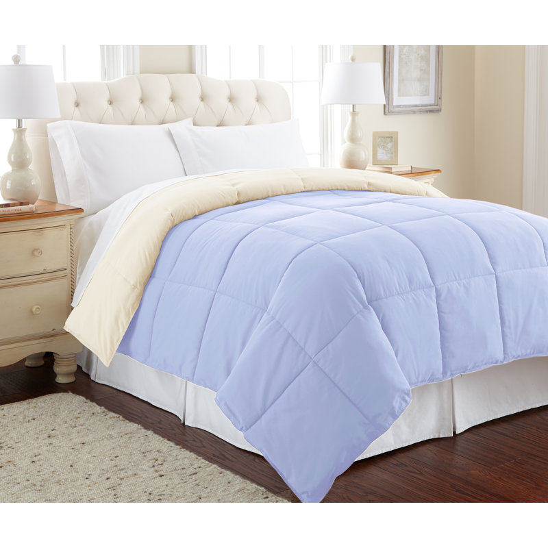 Queen Blue and Cream Microfiber Reversible Down Alternative Comforter Set