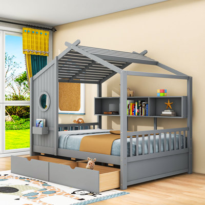 Wood House Bed With Storage Drawers And Shelves