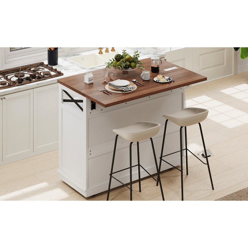 Îlot de cuisine de 46,5 po avec décoration drapée perlée, prise de courant, 3 portes de rangement, tiroirs, abattant, tablettes réglables, rideau de perles blanches suspendues, ports de charge, chariot,