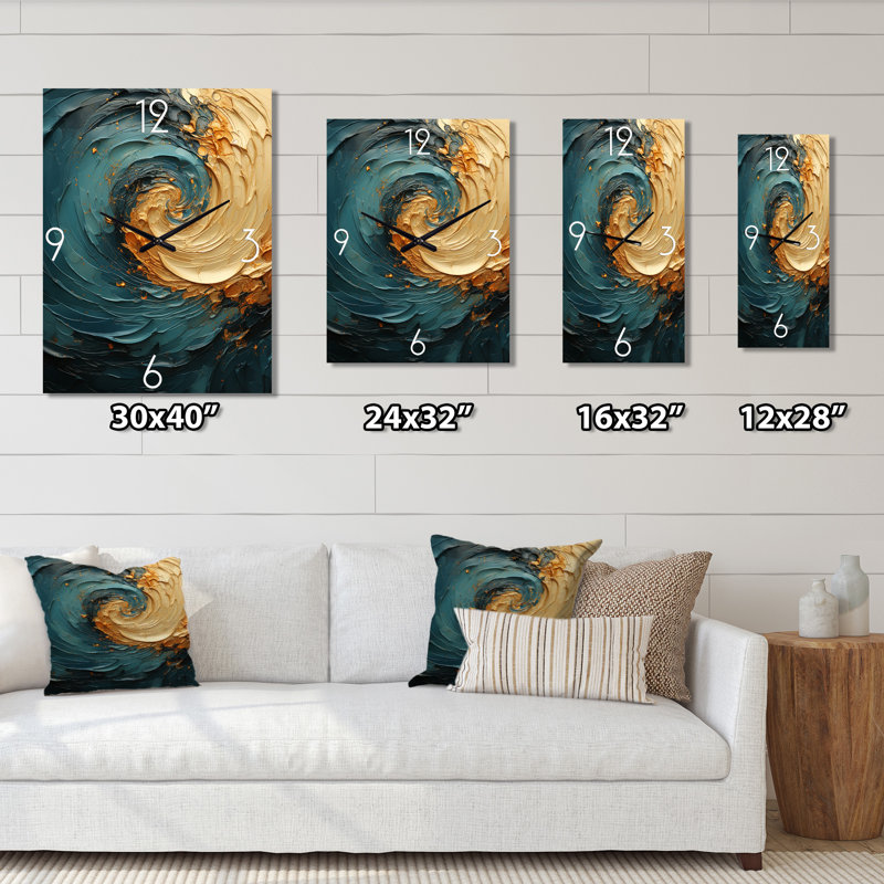 Or bleu sarcelle spirale océan IV - horloges murales spirales abstraites, Grand