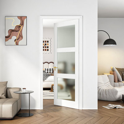 24" X 80"3-Lite French Interior Tempered Frosted Glass Door Slab For Pantry Doors, French & Pocket Doors, Solid Core Interior Door W/O Hardware Kit, Prehung Jamb Or Borehole, White