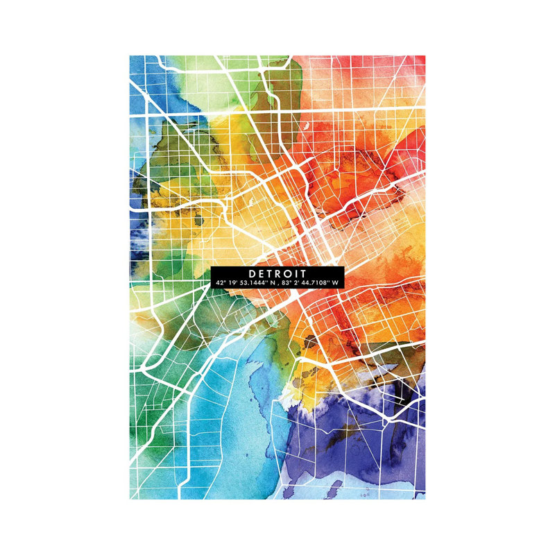 Detroit City Map Colourful - Wrapped Canvas Print, 30.48cm H x 20.32cm W