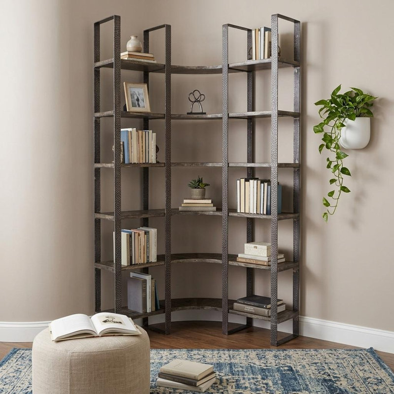 Bibliothèque à six niveaux en fer brun et bois massif