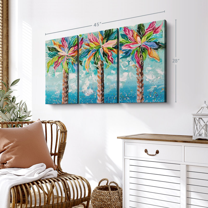 «Colorful Palms», 3 pièces sur toile, H 28 po x l 45 po x P 1,25 po