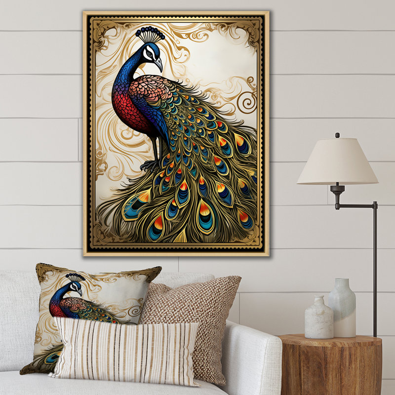 Illustration du timbre d'un paon magnifique sur toile, 20" H x 12" W, Cadre naturel flottant
