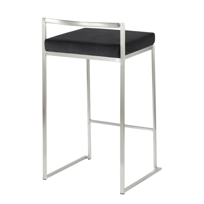 Tabouret de comptoir empilable 26 po contemporain en acier inoxydable avec coussin en velours noir - ensemble de 3