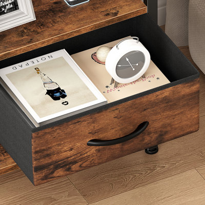 Nightstand with Built-in Charging Station, Bedside Table with Adjustable Fabric Drawer and 3-Tier Storage End Table