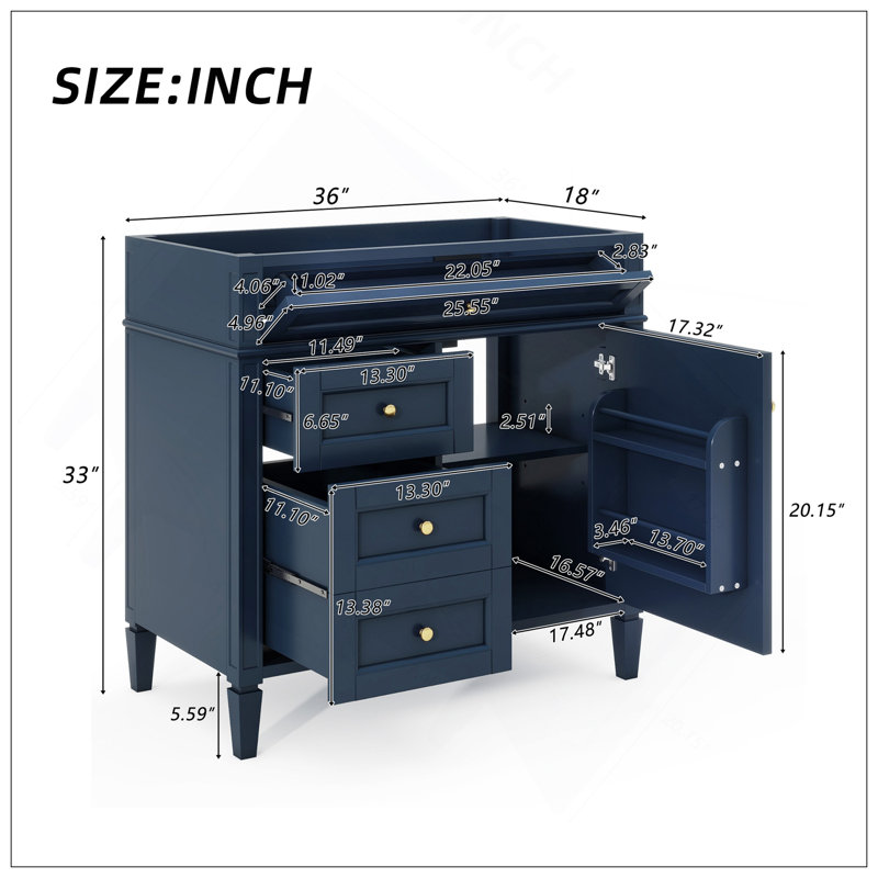 Meuble-lavabo de 36 po sans lavabo supérieur, armoire de rangement moderne avec 2 tiroirs et un tiroir basculant, structure en bois massif