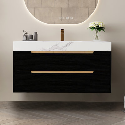 Meuble-lavabo moderne de 35,4 po avec lavabo sous comptoir, plateau en pierre frittée, bois massif imperméable, quatre tiroirs à fermeture en douceur, pieds réglables en faux marbre contemporain, surface, armoire, 4 rangements