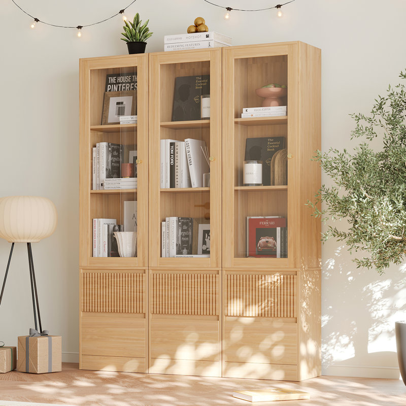 Branigans Wooden Glass Door Bookcase, 3 Pcs 3-Tier Cube Bookshelf Storage Cabinet With Double Drawer And Shelf