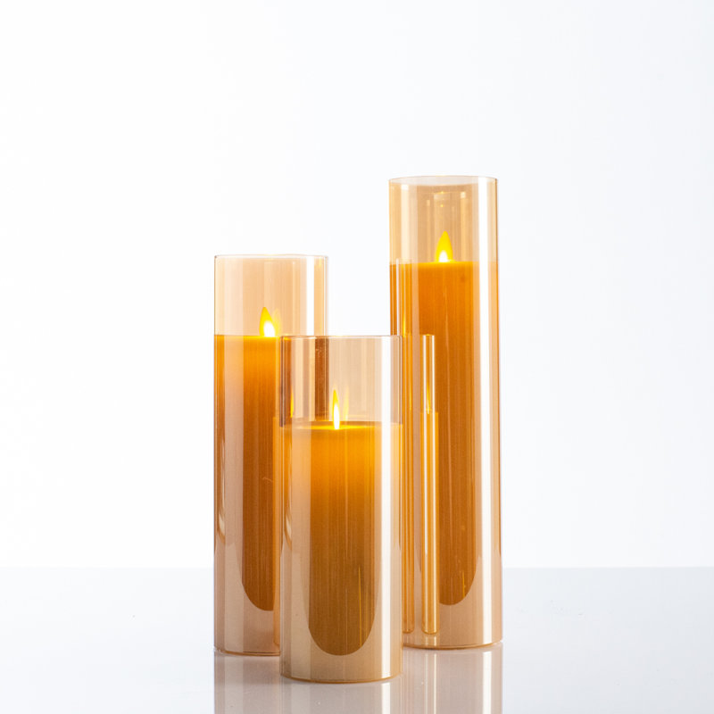 Grandes bougies colonne en verre ambré sans flamme à DEL avec télécommande - ensemble de 3, Jaune/beige