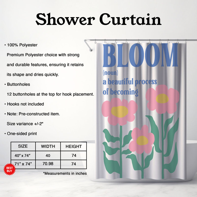 Rideau de douche 1 pièce Calm Blossom, H 74 po x l 71 po