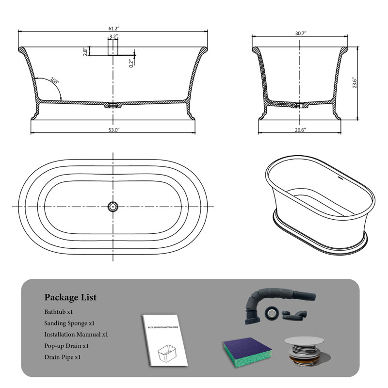 60" X 30" Classic American Freestanding Bathtub - Solid Surface With Thickened Rounded Edges, Mattle White
