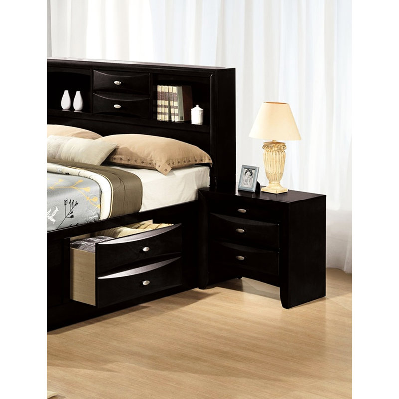 Table de chevet transitionnelle noire, 2 tiroirs, en bois d'ingénierie et en bois massif, plateau coulissant, table de chevet contemporaine de 25,5 po de hauteur, poignées à boutons, ovale en nickel, assemblage simple, 17 po de largeur