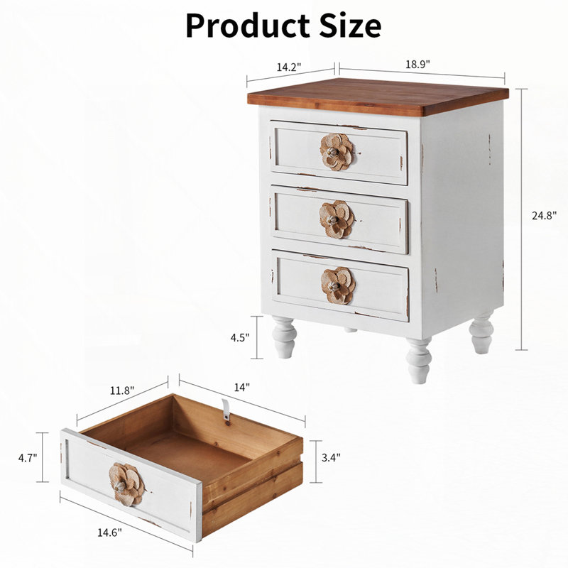 Table de chevet rétro avec 3 tiroirs, Blanc antique