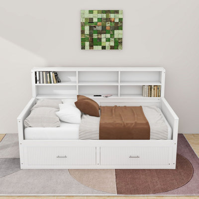 Wooden Daybed with Storage Shelves, Drawers and Charging Station