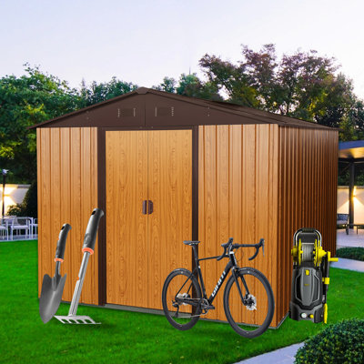 8Ft X 10Ft Outdoor Metal Shed, Coffee - Galvanized Construction, Punched Vents, Padlockable Sliding Door, Easy Assembly Manual Shed With Firm Foundation Iron Vents For Air Exchange, Simple