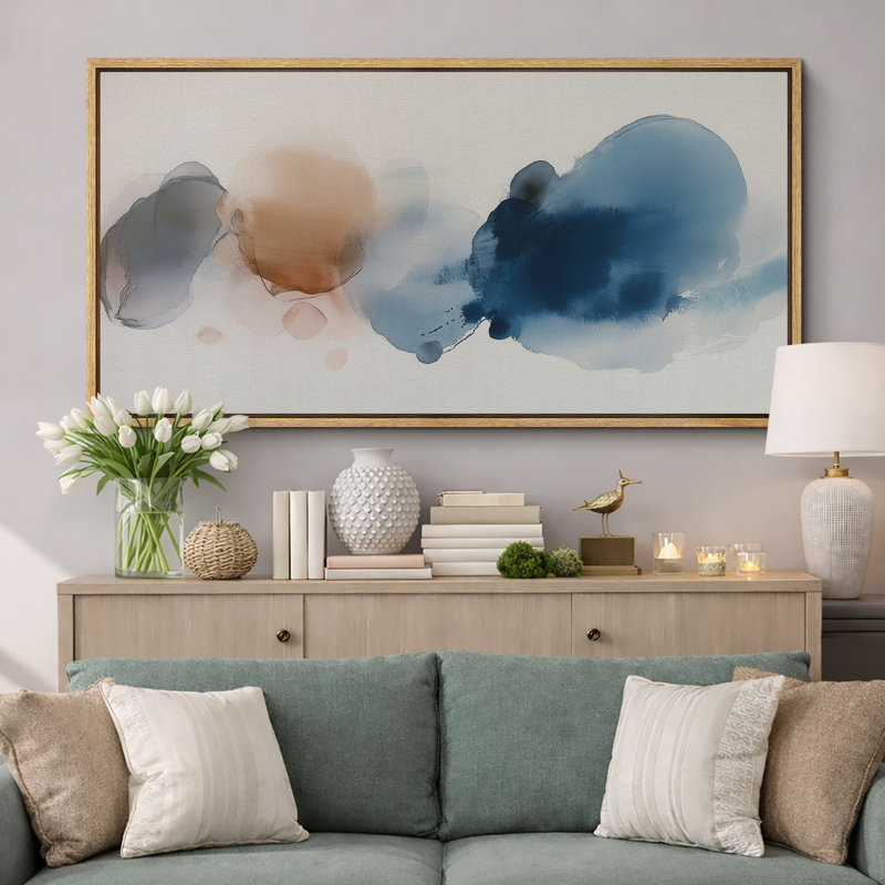 «Abstract Blot in Blue and Brown», reproduction d'art sur toile encadrée très grande, H 30 po x l 60 po x P 1,5 po