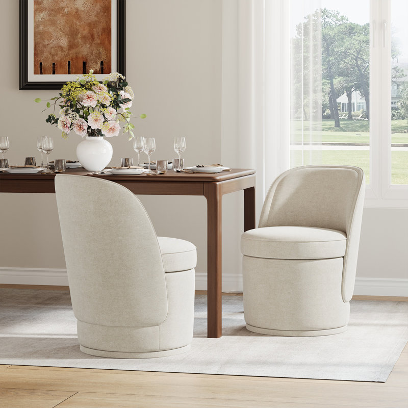 Small Barrel Swivel Upholstered Dining Chair with Storage,No Assembly, Beige