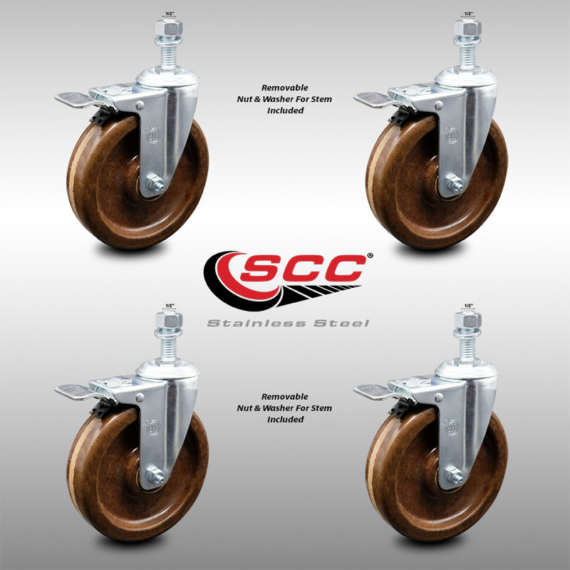 5 Inch SS High Temp Phenolic ½ Inch Threaded Stem Caster Set Total Lock Brake