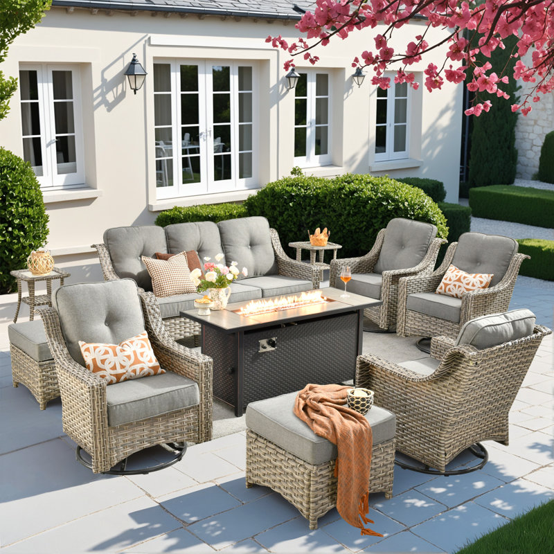 10 Pieces Patio Furniture Set With 53" Fire Pit Table, Outdoor Wicker Swivel Rocking Chairs With Comfy Cushions, All-weather High Back Sofa Couch Set For Backyard Or Lawn
